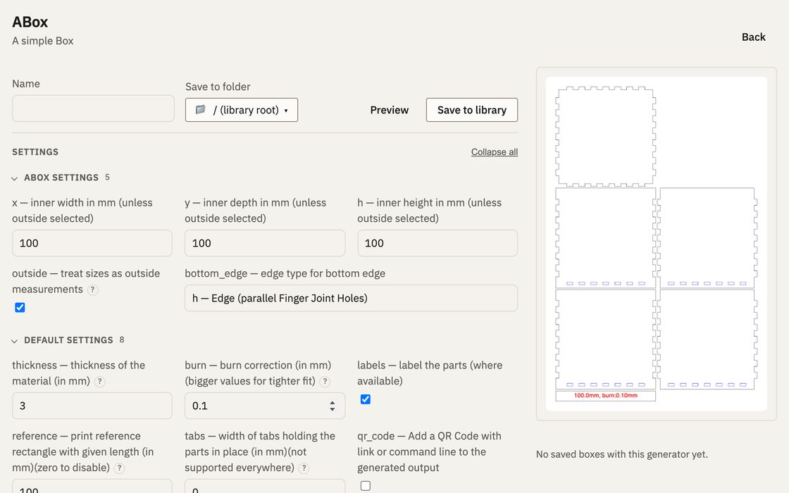 The box generator: a box's size and material settings beside a live preview of its cut sheet