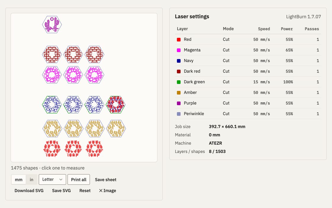 The Measure view: the hex tiles' LightBurn file, 1,475 shapes to click and measure, beside its laser settings