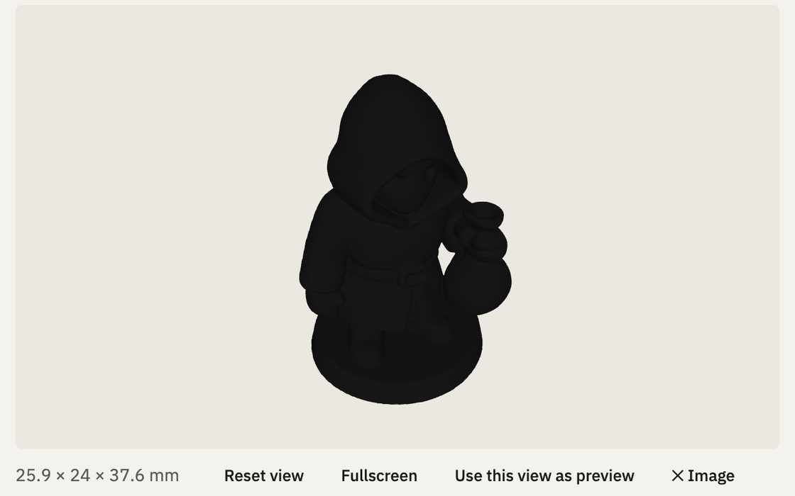 The 3D viewer: the board game's robber turned in the browser, 25.9 × 24 × 37.6 mm beneath it
