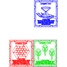 A LightBurn file: three award cards, Longest Road, Largest Army and Longest Turn