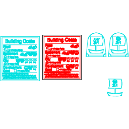 A LightBurn file: two building-cost reference cards and three harbor tokens